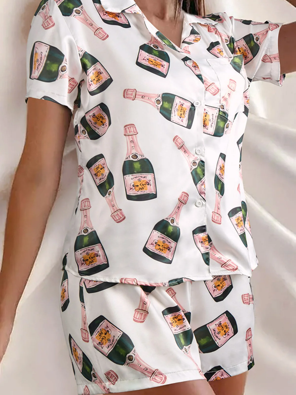 

Champagne Bottles Button Pajama Set 2023 New Women Summer Hot Fashion Print Holiday Retro Harajuku Short Sleeve Casual T-Shirt