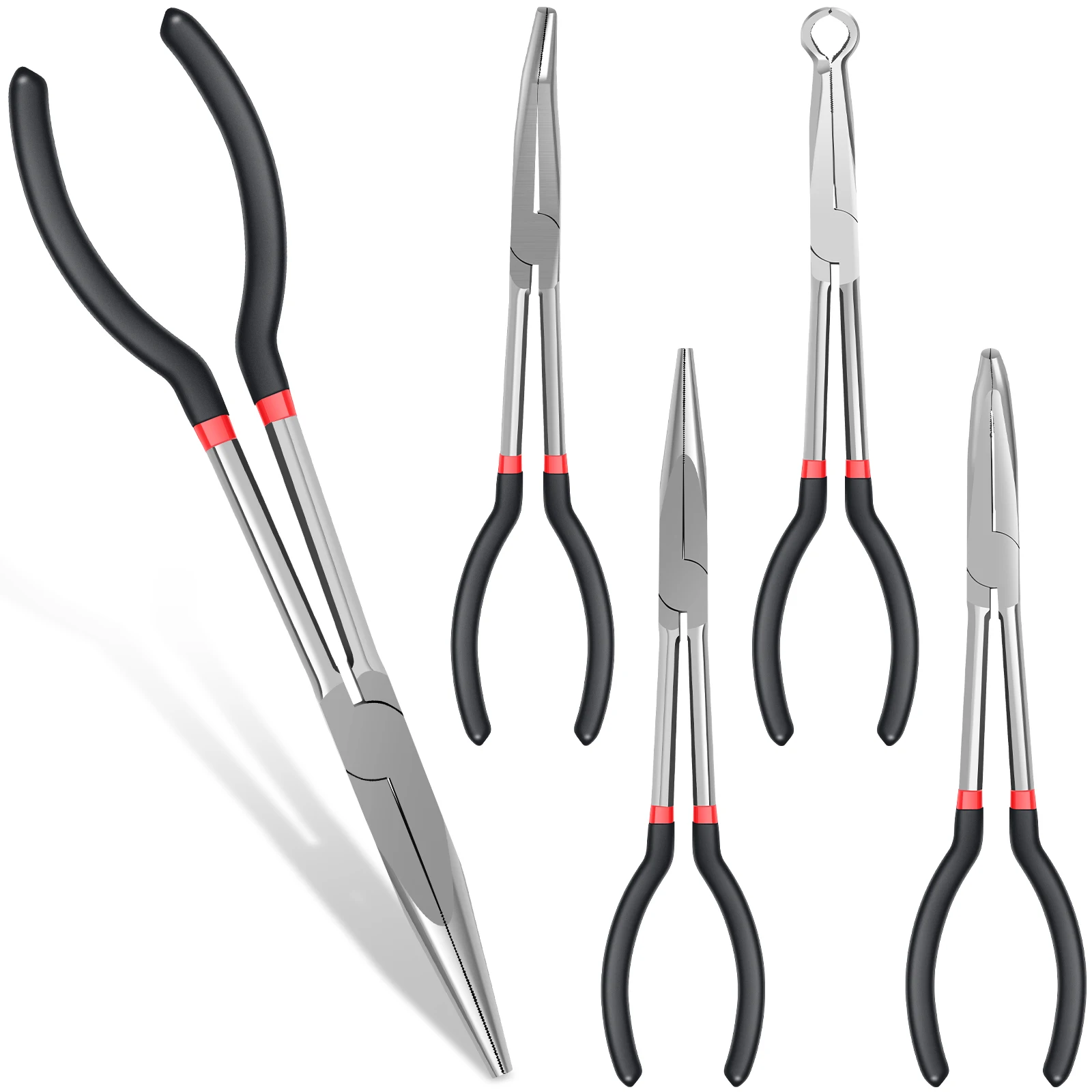 

4Pcs Long Needle Nose Pliers Set 11inch Carbon Steel Narrow Space Long Nose Pliers with 45° and 90° Curved Nose Pliers Straight
