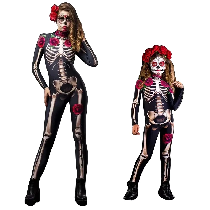 Rose Skeleton Adult Kids Scary Costume Halloween Dress Cosplay Sexy Jumpsuit Carnival Party Baby Girl Rompers Day of The Dead