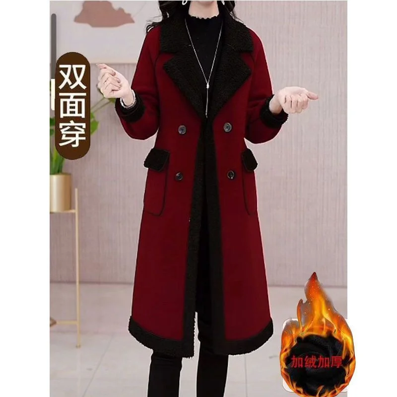 Two Side Wear Velvet Thicke Blend Woolen Coat Women's Long Lamb Wool Coat 2024 Winter New Mid Aged Mom Warm Over Knee Plaid Coat