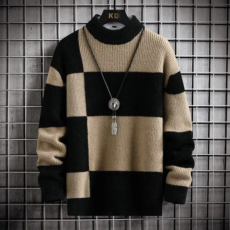 

Autumn/Winter Warm Sweater Men's Casual Patch Colorful Knitted Pullover Men's Checkered Round Neck Sweater Men's Clothing 4XL