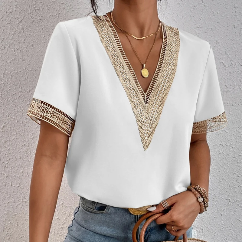 Summer Elegant Short Sleeve Lace Chiffon Blouse V Neck Office Lady 2025 Loose Woman Shirts Casual Tops Hollow Out Clothes 25125