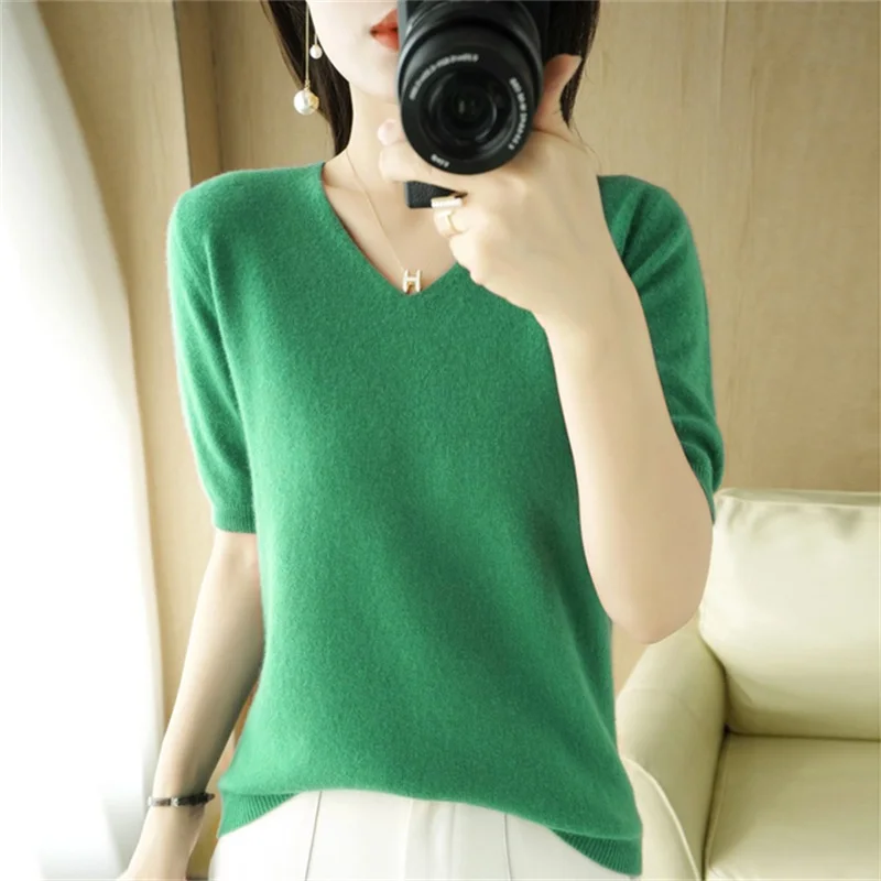 

New Fashion Cashmere Sweater Women Short Sleeve Pullover Women sweater Loose V-Neck Korean Version Knitted Tops