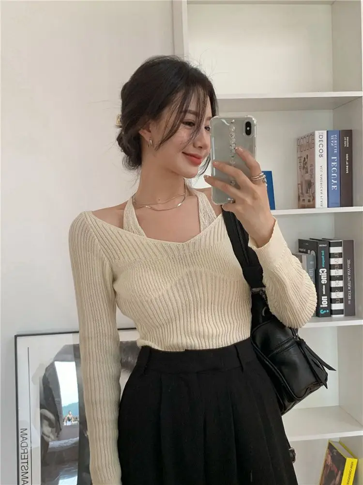 Knitted Pullover Women Long Sleeve Fake Two-Piece Halter Tops Tshirts Streetwear Cute Ladies Top Vintage Sexy Slim Thin Sweaters |