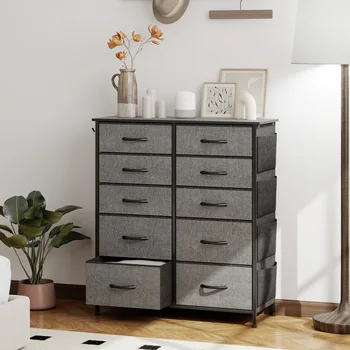 HOMCOM Fabric Chest of Drawers, 10 Drawer Dresser for Bedroom, Charcoal Grey