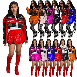 Varsity Detachable Coats Letter Printed Racing Button Up Bomber Jackets 2023 Autumn Winter Streetwear Fitness Skirt Matching Set