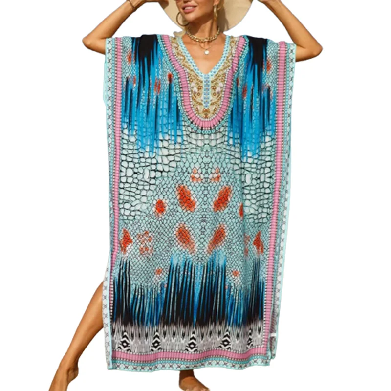 Elegant Print V Neck Pullover Loose Robe Women Beach Cover Up Sun Protection Coverall Female Beachwear Side Split Hem Cover-ups