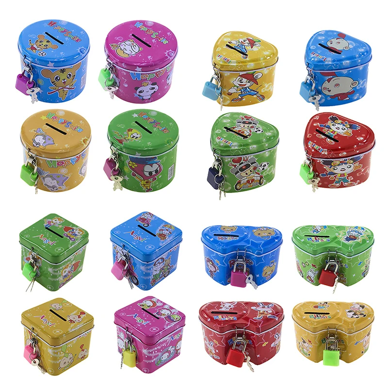 Cute Cartoon Square Tin Metal Piggy Bank Saving Cash Coin Money Box Children Toy Kids Birthday Gifts 4 Color With Lock/Key piggy bank wooden piggy bank coin bank wooden money box electronic piggy bank coin saver digital piggy bank