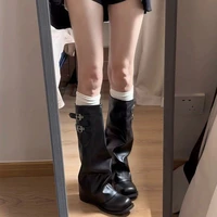 Bottes hautes pliables chic à la française pour femme, style décontracté, à talon compensé, à enfiler, noires, kaki, bout rond, avec bride à boucle, type moto 6