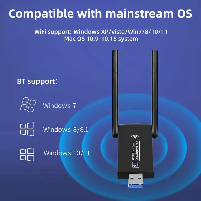 PC 데스크탑 노트북 네트워크 카드용 와이파이 USB 3.0 어댑터, 1300Mbps 블루투스 5.0, 듀얼 밴드, 2.4GHz, 5GHz, 무선 리시버