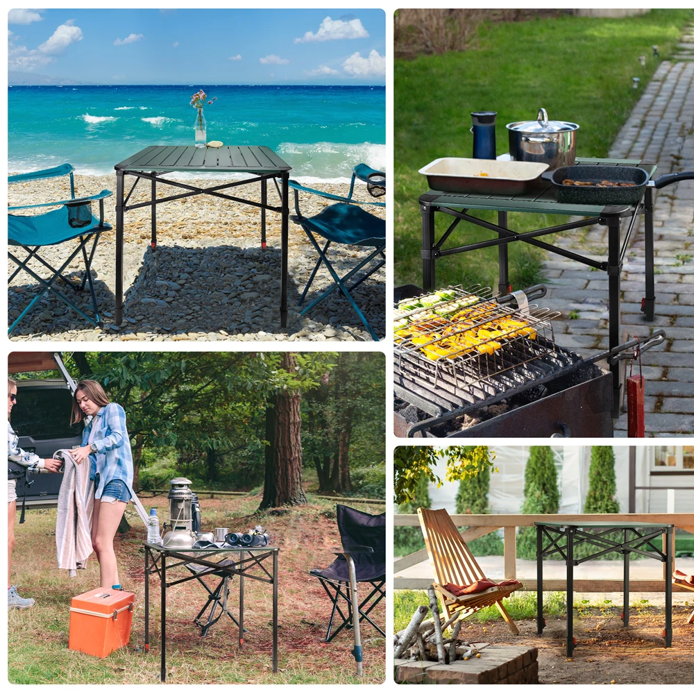 Villey-キャリーバッグ付きアルミニウム折りたたみ式スクエアテーブル、高さ調節、rv、庭、キャンプ、ピクニック、70x70cmの屋外用家具 Villey-キャリーバッグ付きアルミニウム折りたたみ式スクエアテーブル