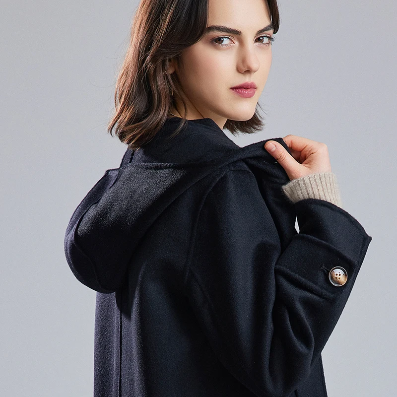 

New autumn and winter women's double-sided woolen coat solid color hooded single breasted medium long woolen coat