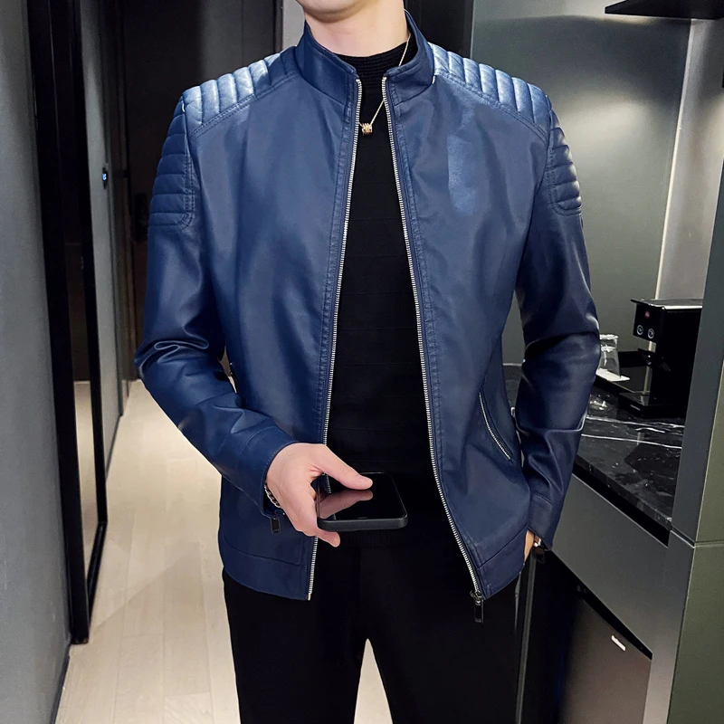 Men standing collar Jacke, leather motorcycle jacket men,bomber leather coat，fashion trend personalized leather winter clothing