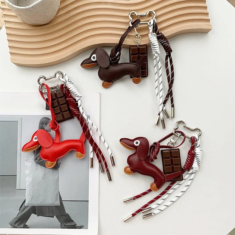 PU Leather Creative Sausage Dog Pendant Wind Bag Charm Car Keychain Decorative Hanger Cute Animal Gift