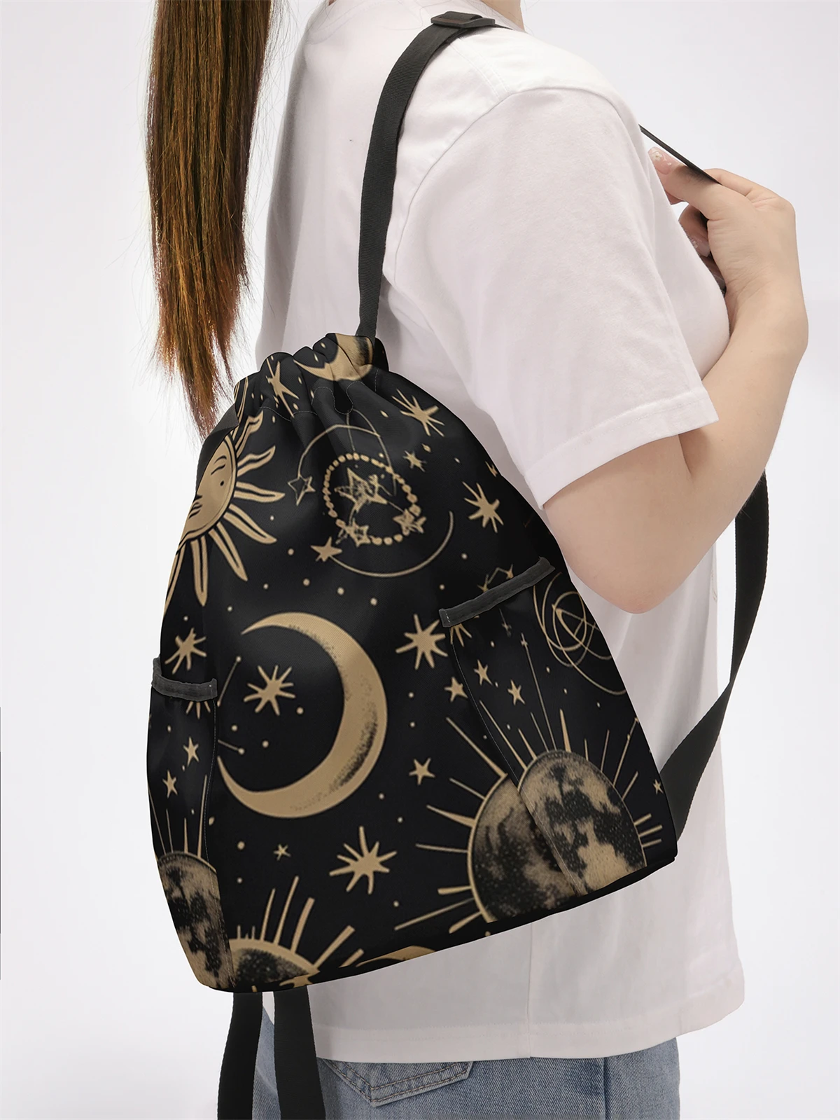 Moon and Star Pattern Drawstring Backpack - Large Capacity Durable Fitness Bag, Adjustable Shoulder Strap, Sports Beach Backpack
