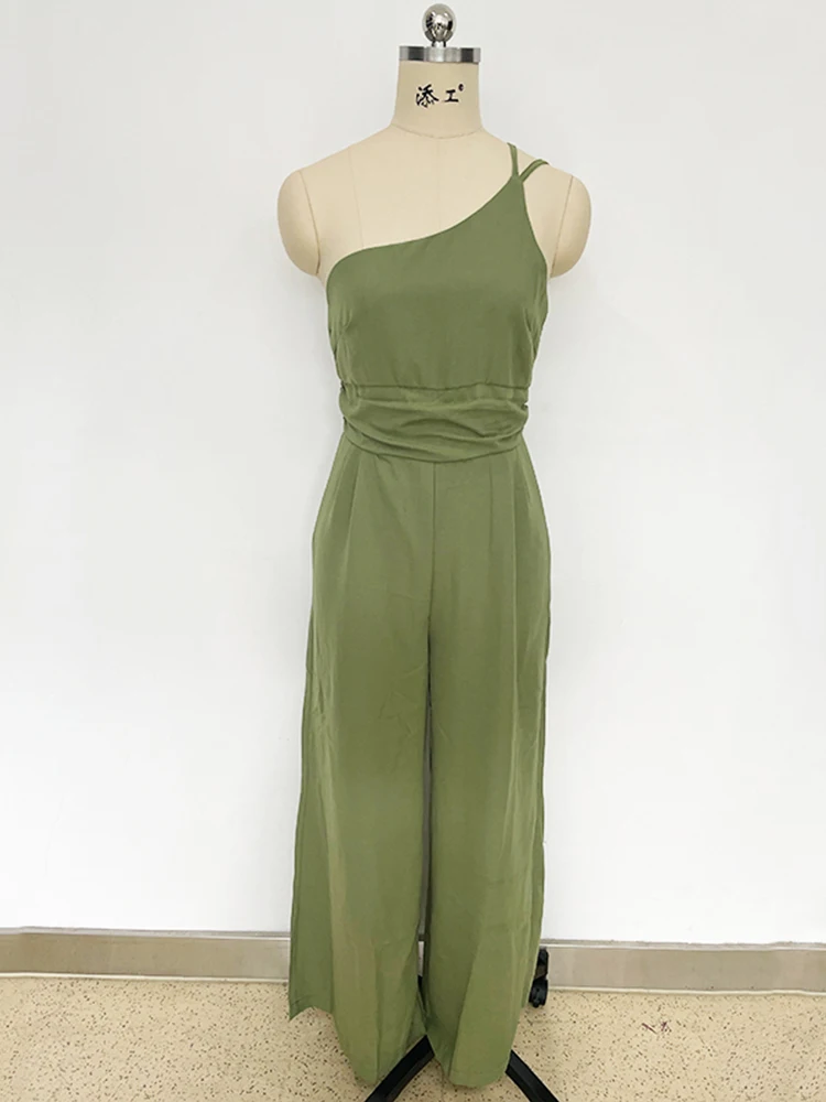 Waist Folds Backless Double Strap Casual Wide Leg Jumpsuit Long Pants Green 2023 New Female Loose Jumpsuit
