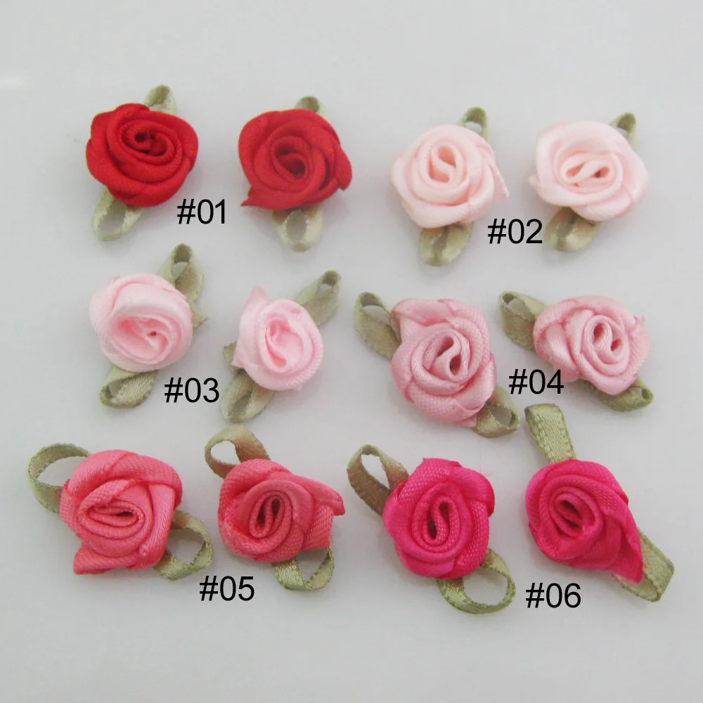 Vibrant Fabric Ribbon Rose Rosettes with Leaf - Set of 50 Flower Embellishments for DIY Crafts & Sewing Supplies
