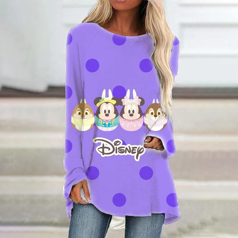 

New Trendy Popular Streetwear Disney Mickey and Minnie Summer Women's Casual Harajuku Crew Neck Loose Long Sleeve T Shirt Top