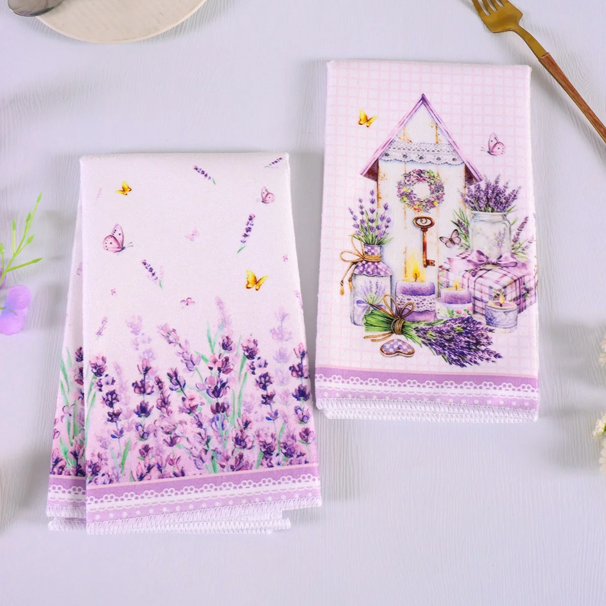 Set of 2 Purple Lavender Hand Towels - Rustic Floral Kitchen and Decorative Tea Towels