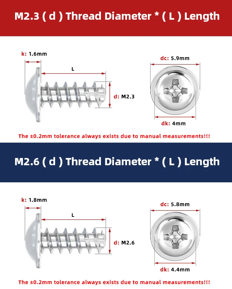 Description Picture 4 of item304 Stainless Steel Round Head Cushion Tapping Screw Phillips Head Tail cutting Screws Round Head Cross Break End Fasteners M1.7