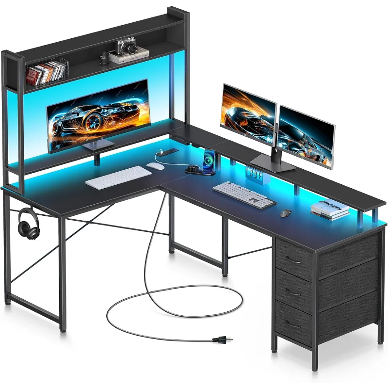 

Seventable Computer Desk L Shaped with LED Lights & Power Outlet, 55" Reversible Gaming Desk with 3 Drawers & Storage Hutch, Hom