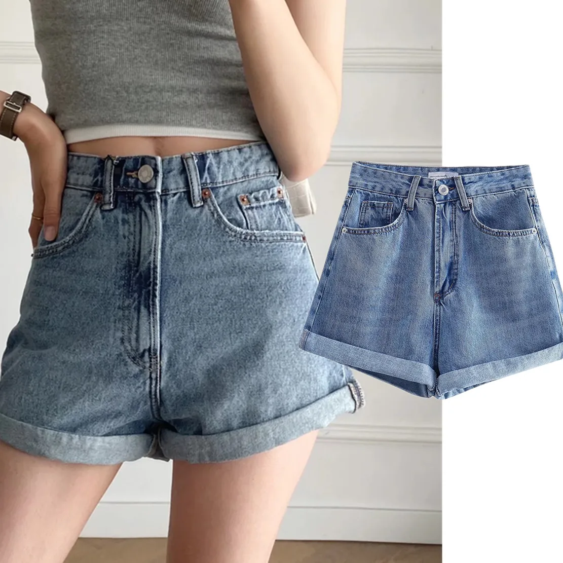 

Withered England Style High Street Vintage Mom Shorts Washed High Waist Bermuda Harem Denim Shorts Women