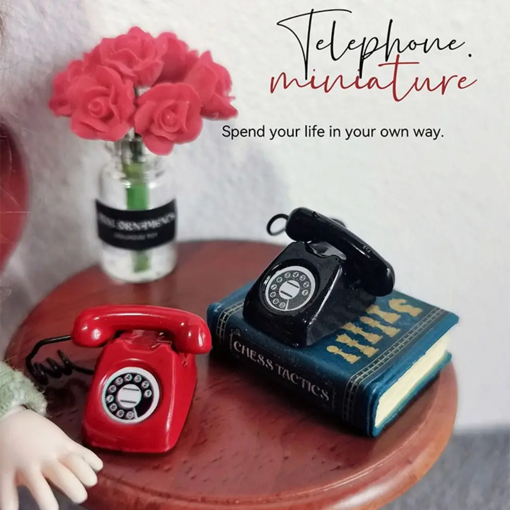 Retro Mini Fixed Telephone 1:12 Dollhouse Miniature Simulation Mini Phone Model Home Furniture Decor Children Pretend Play Toy 3