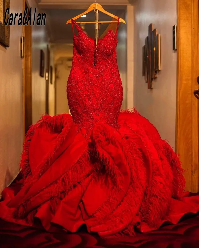 

Traditional Red African Wedding Dresses Sequin Ruffles Aso Ebi Feathers Mermaid Bridal Gowns Vestidos Novias Boda