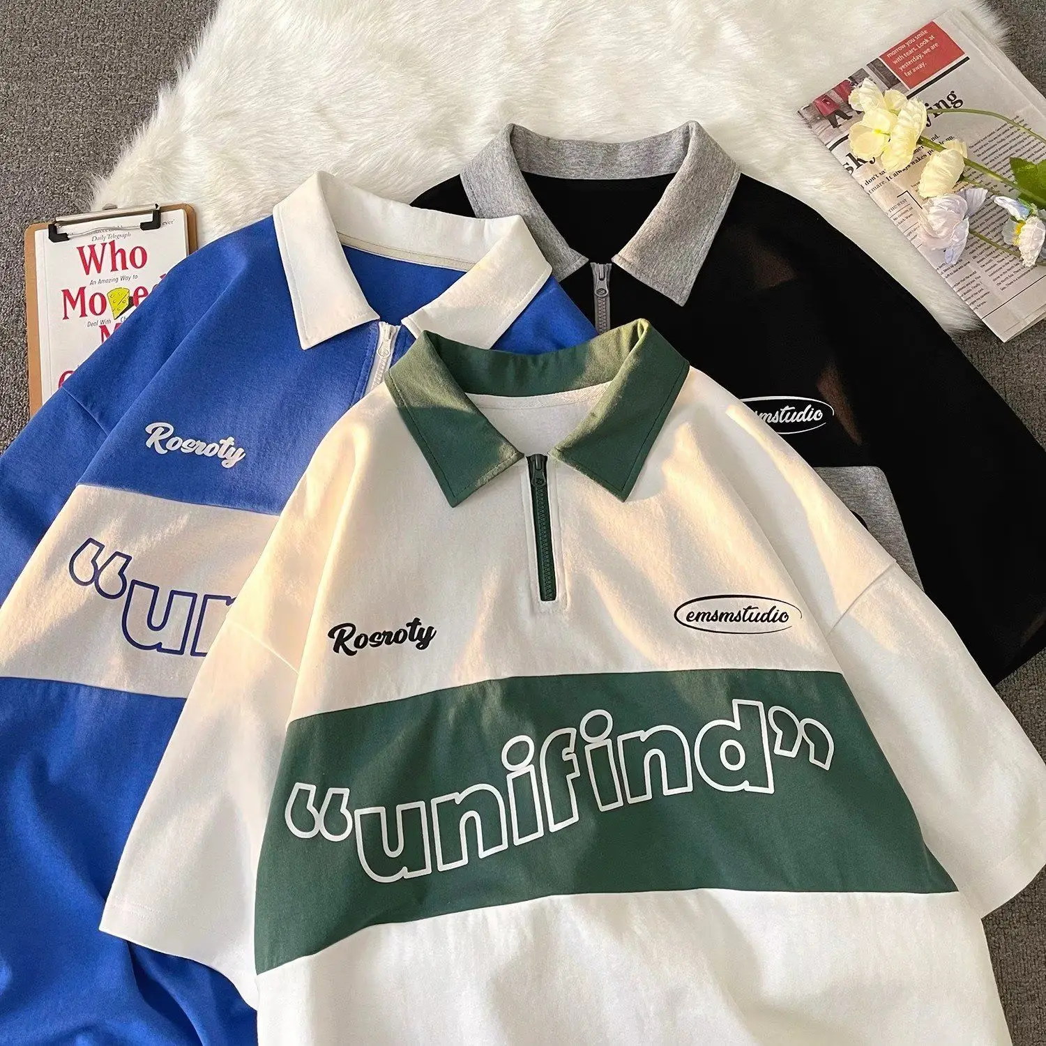 

Korean style lapel half-zip polo shirt short-sleeved men trendy brand y2k summer t-shirt trend 2024 new versatile t-shirt top