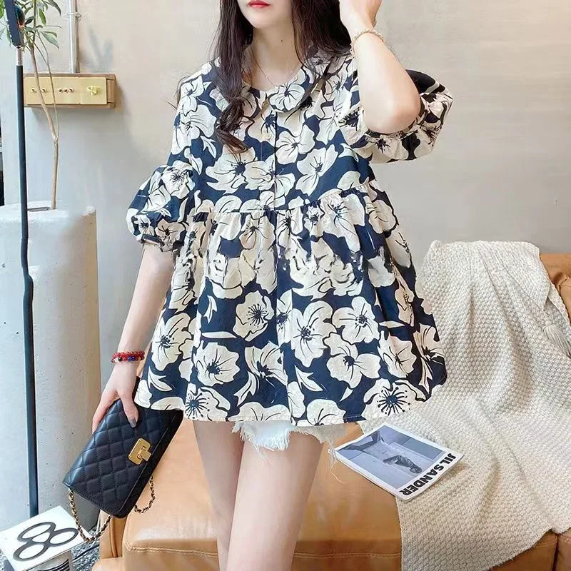 

Cotton and Linen Short Sleeve Thin Woman Blous Shirt Doll Collar Top 2024 Summer New Loose Fashion Shirt Korean Women's Clothes