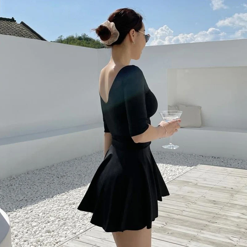 Short Sleeve One Piece Swimsuit Women Solid Black Swimwear Skirt Monokini Ruffle Bathing Suit Push Up Pad High Cut Korea Style