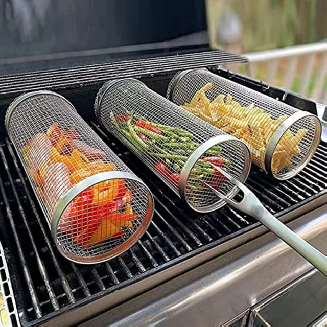 Gördülő Grillező Kosár Bbq Nettó Cső Kerek Rozsdamentes Acél Grill Hálóhenger Kemping Barbecue Rack Zöldségek Krumplival - Image 2