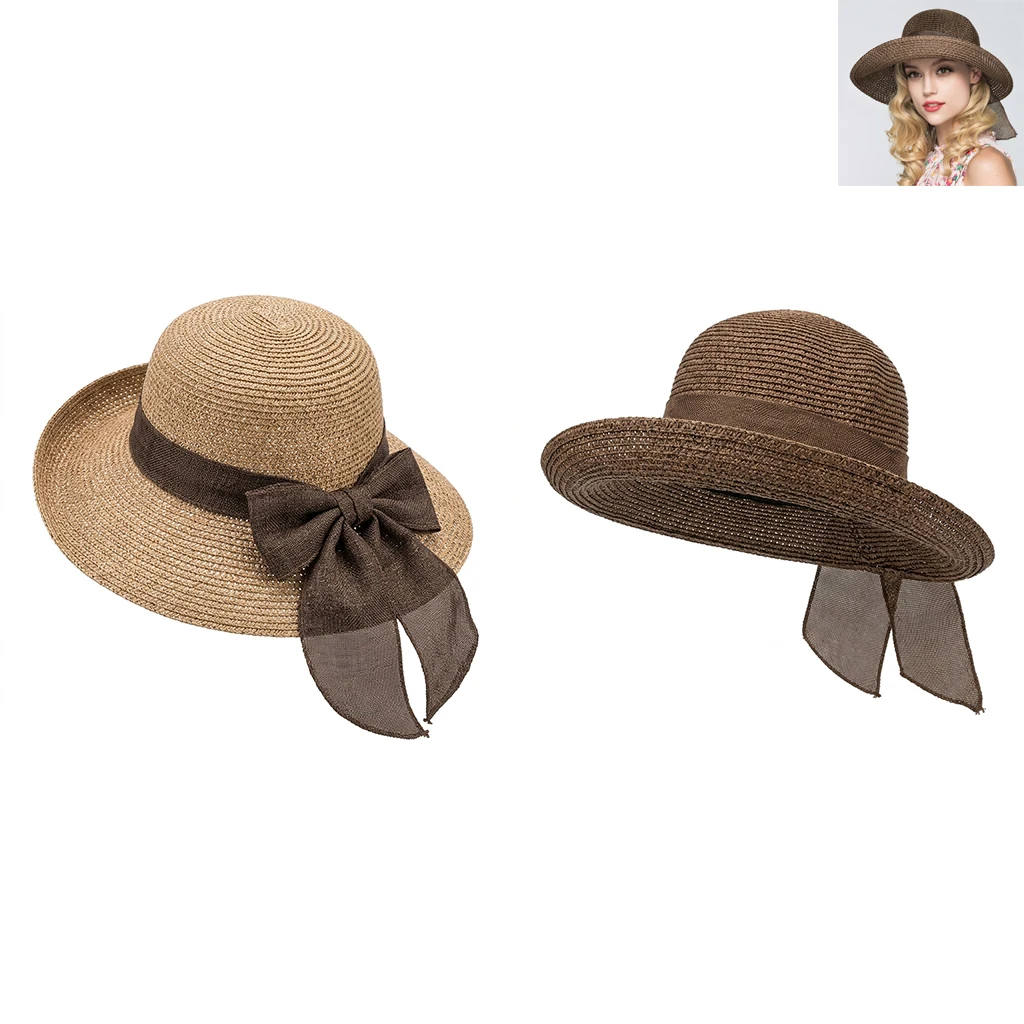 Women Foldable Straw Hat Elegant Bow Wide Brim Beach Sun Hat_voghion.com