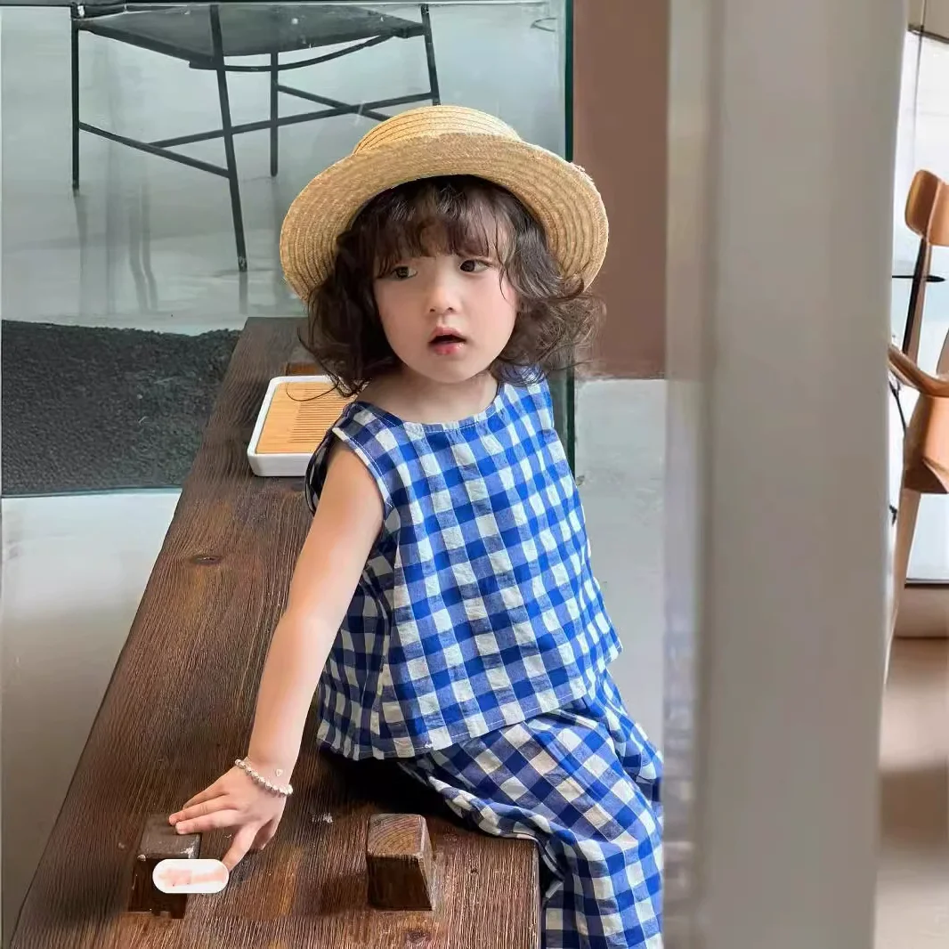 Summer Baby and Girls Cotton Plaid Sleeveless Single Button Shirt Tops + Crop Pant Sets Kids 2PCS Tracksuit Children Outfit 2-9 Yr kids clothing set girls clothing set
