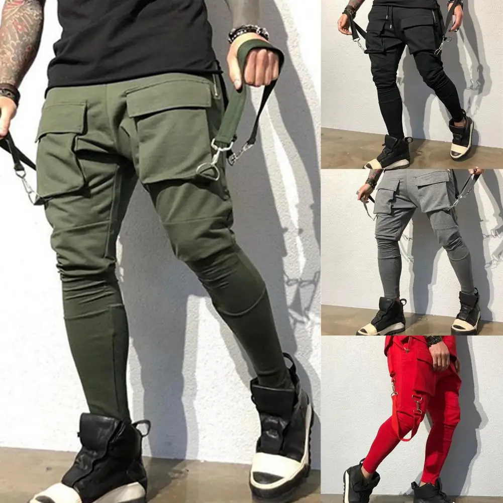 

Elastic Waistline Strap Tassel Multi Pockets Cargo Pants Male Solid Color Mid-rise Casual Hip Hop Pants Streetwear