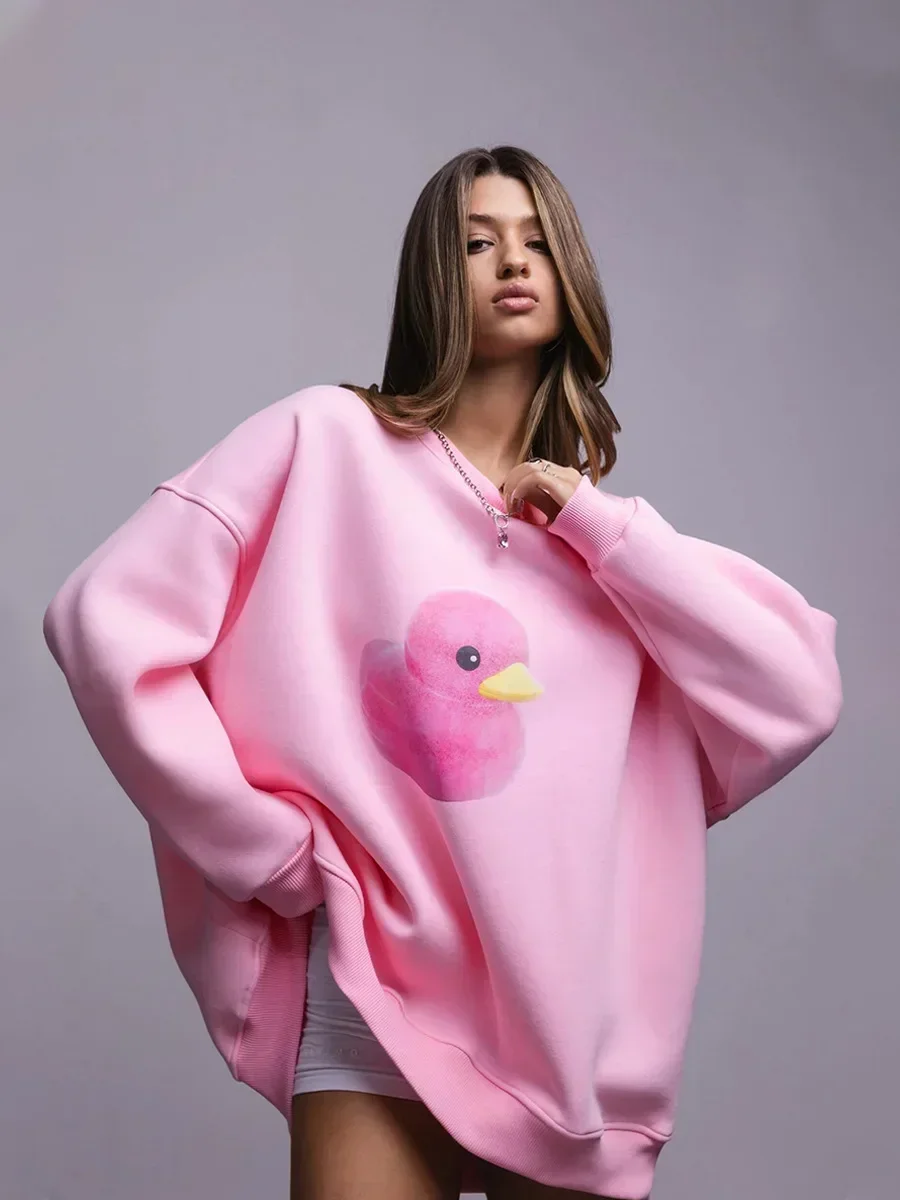 Bornladies  Autumn Winter Warm Yellow Duck Print Sweatshirt Women's Loose Round Neck Oversized Comfortable Trendy Casual Hoodies