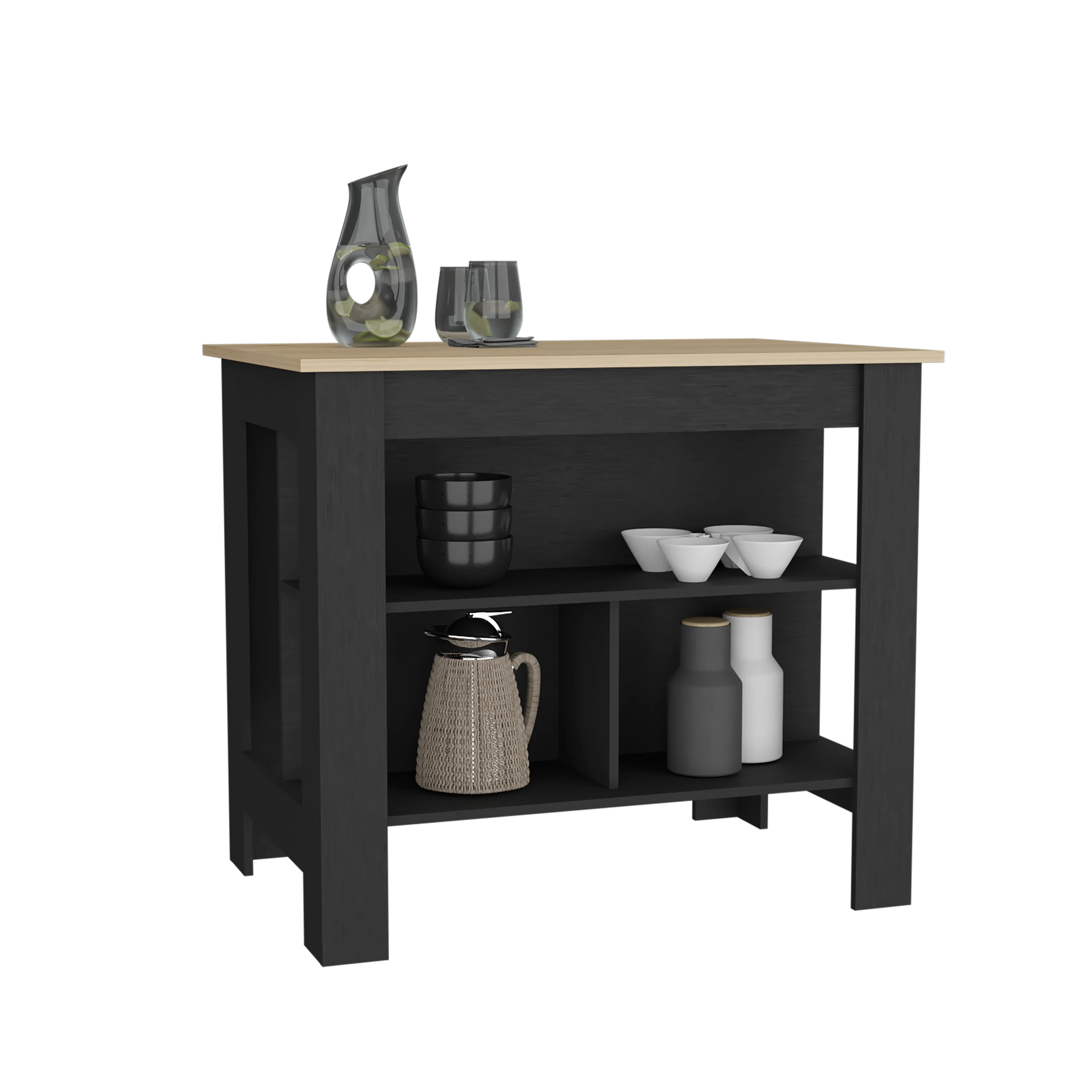 Cortes Kitchen Island 2-Tier Shelf 40" Width and large Work Top Black - Light Pine 3