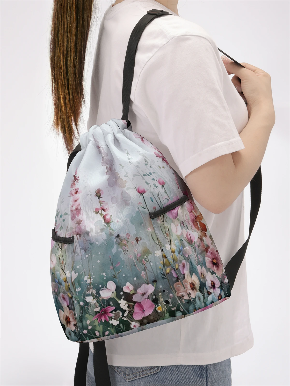 Floral Pattern Printed Drawstring Backpack - Large Capacity Durable Fitness Bag, Sports Beach Backpack