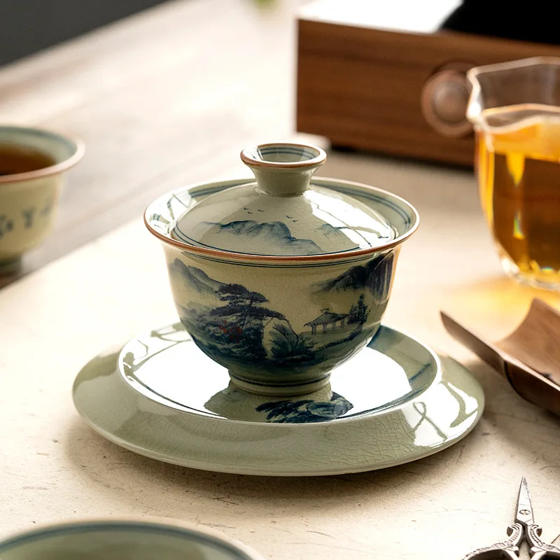 Hand Painted Ceramic Opening Landscape Gaiwan For Tea Tureen Teaware Cup Chinese Tea Bowls Vintage Chawan Ceramony Set