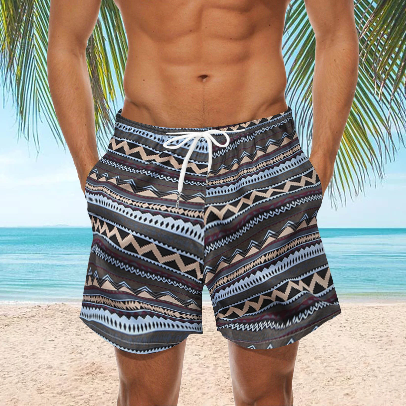 Siwmwear pantalones cortos de para hombre, bañadores de secado rápido con patrón geométrico, ropa de playa| - AliExpress