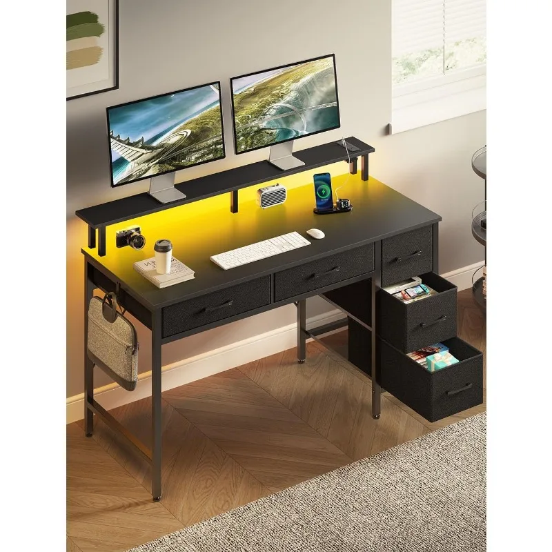 Computer Desk with Power Outlets & LED Light, 39 inch Home Office 5 Drawers, Writing Monitor Stand,Work for Office, Black 6