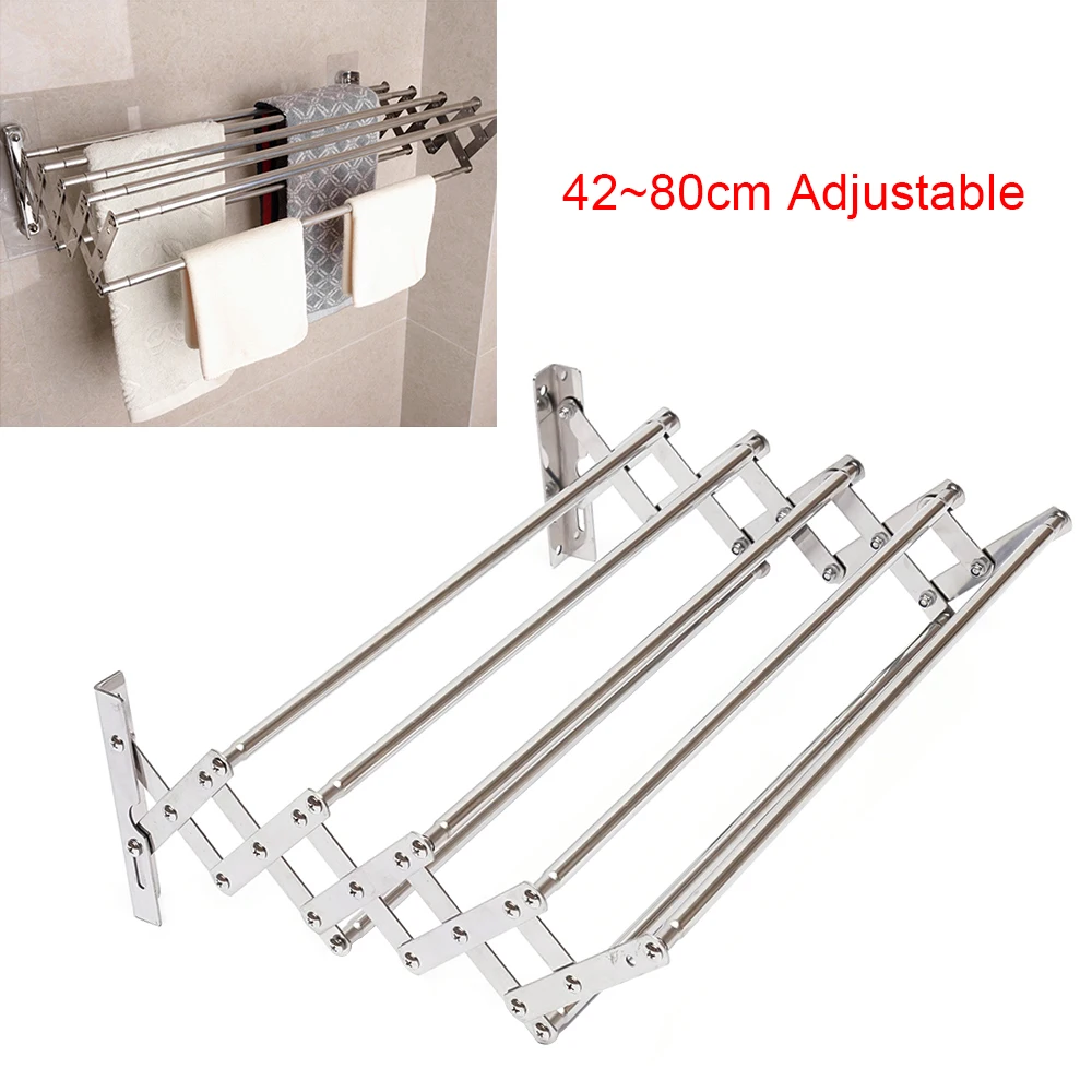 Stainless Steel Retractable Towel Rack Space-Saving Shelf Wall Mounted Towel Storage Rack Folding Drying 42~80cm Adjustable