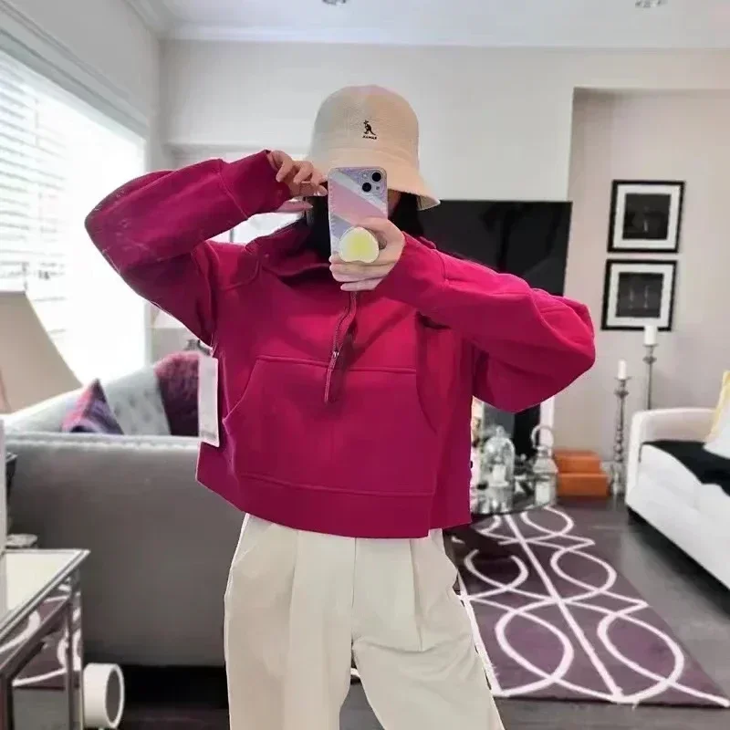 Lemon Women's Scuba Loose Half Zip Hoodie Oversized Cropped Hoodies Relaxed Sweatshirt Yoga Wear for Women Define Jackets Coat