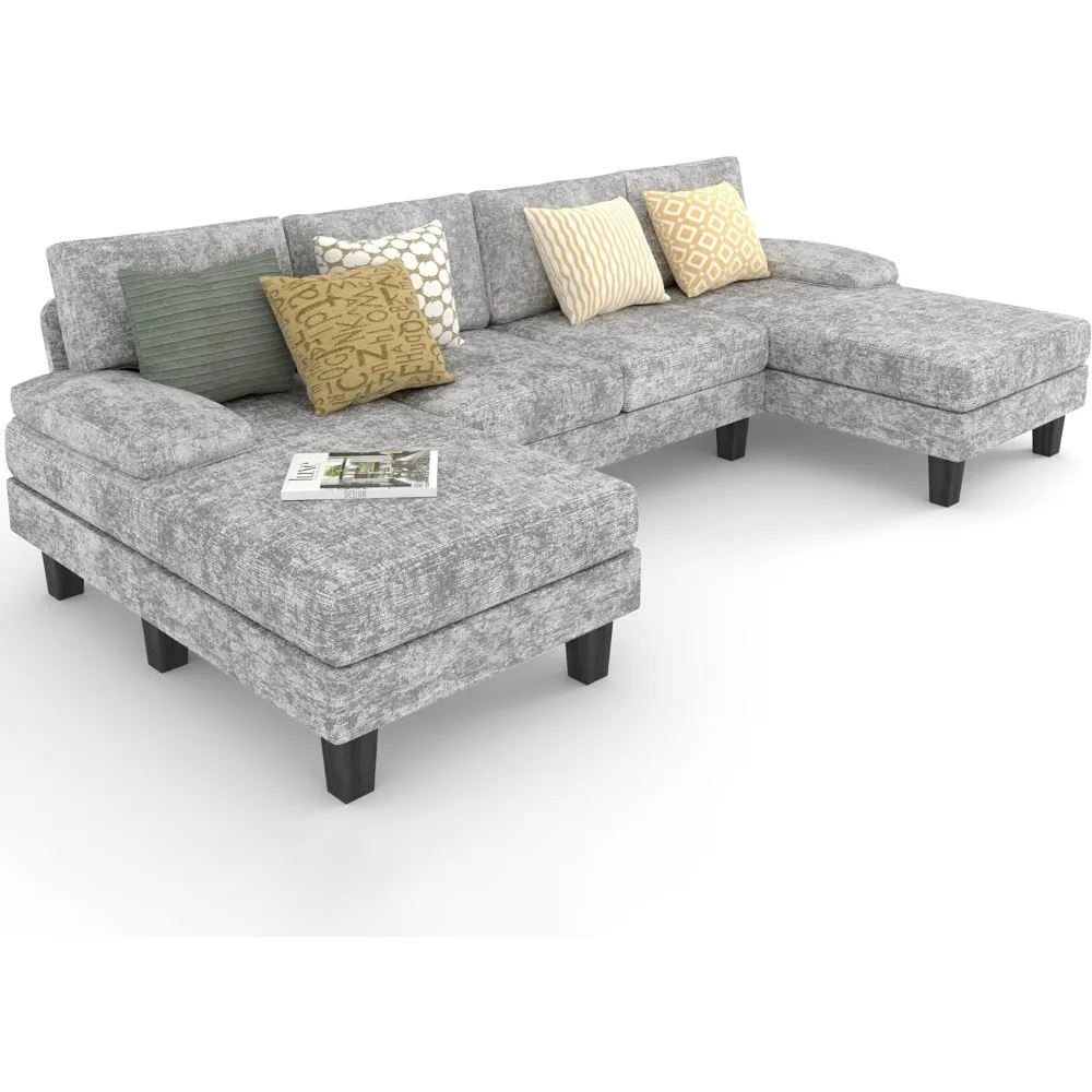 

Convertible Sectional Sofa Couch 4-Seat With Long Chaise for Living Room Modern Chenille Fabric U-Shaped Gray Sofas Bed Puffs