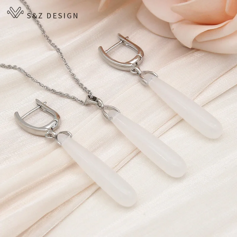 S&Z DESIGN New Fashion Long Water Drop Dangle Earrings Jewelry Sets For Women Wedding 585 Rose Gold Color Pendant Necklace