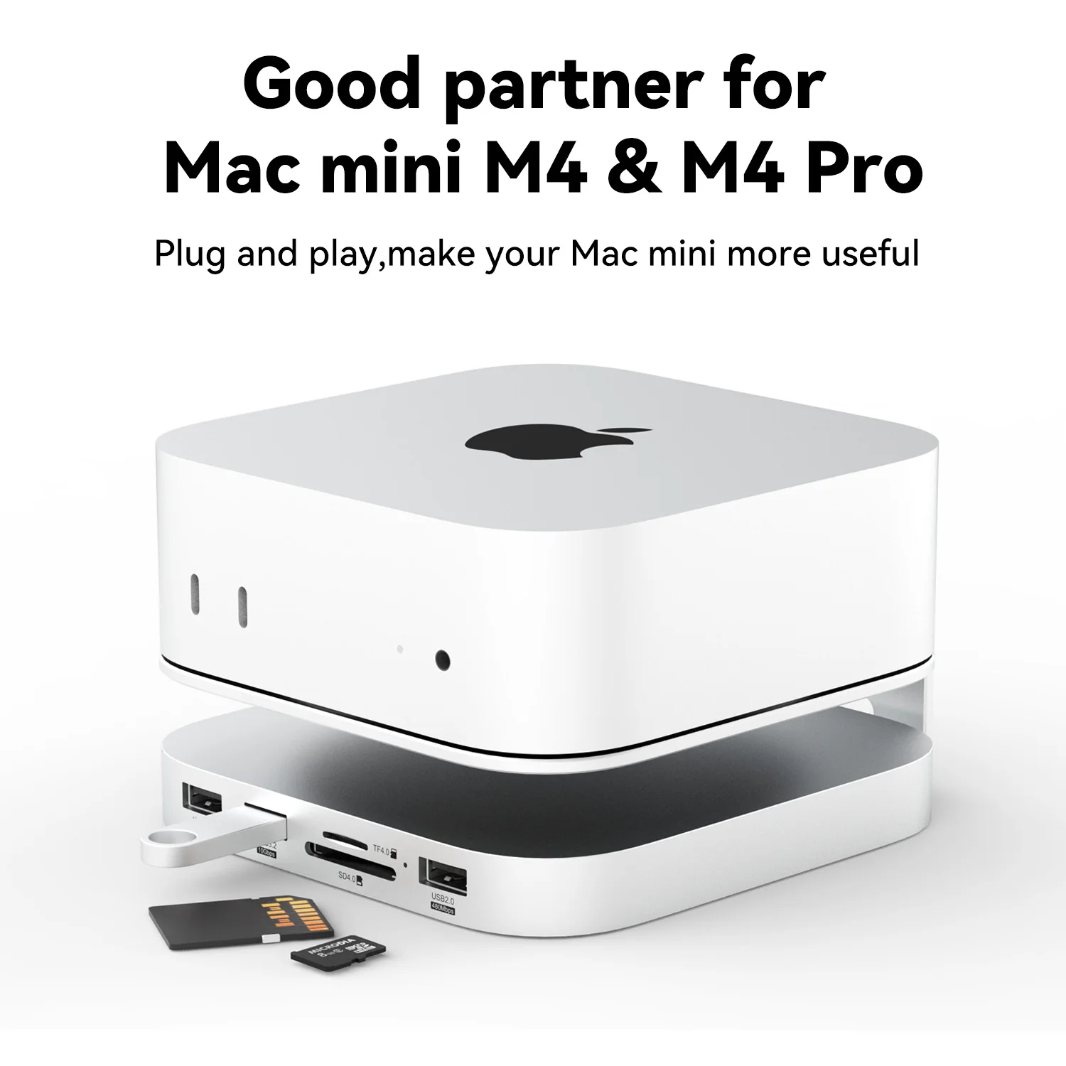 Mac mini USB C Hub with M.2 SSD Enclosure for Mac Mini M4/M4 Pro Stand Type-C Docking Station SSD Case USB3.2 Gen2 SD4.0 TF4.0 3