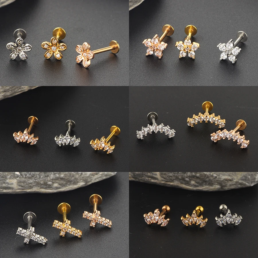 

1PC Stainless Steel Crystal Gem Labret Lip Bar Ring Cubic Zircon Flower Ear Cartilage Tragus Helix Piercing Screw Fit Top 16g