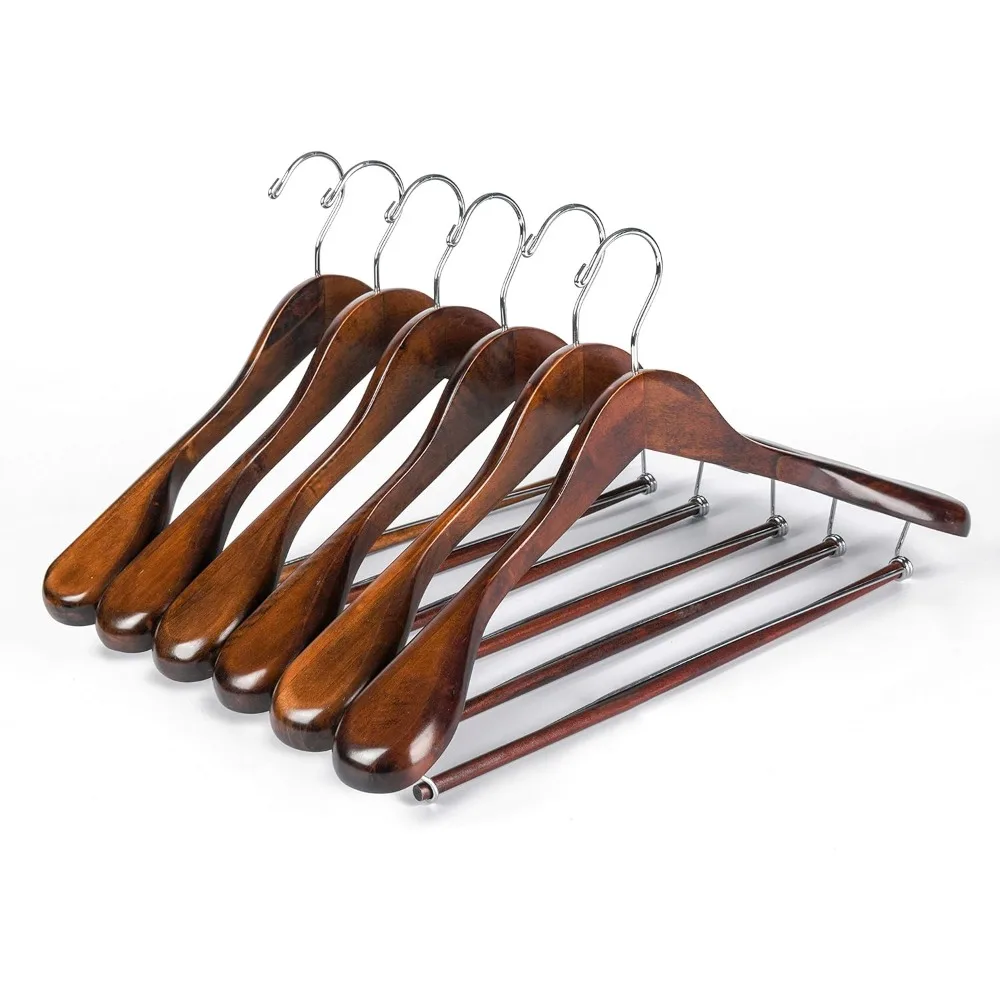 Luxury Wide Shoulder Wooden Hangers 6 Pack, with Locking Bar, Smooth Retro Finish Wood Suit Hanger Coat Hanger for Closet,