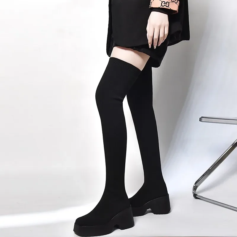 Women's Shoes on Sale Fashion Sleeve Women's Boots Winter Round Toe Solid High Tube Platform Long Boots Zapatos Mujer