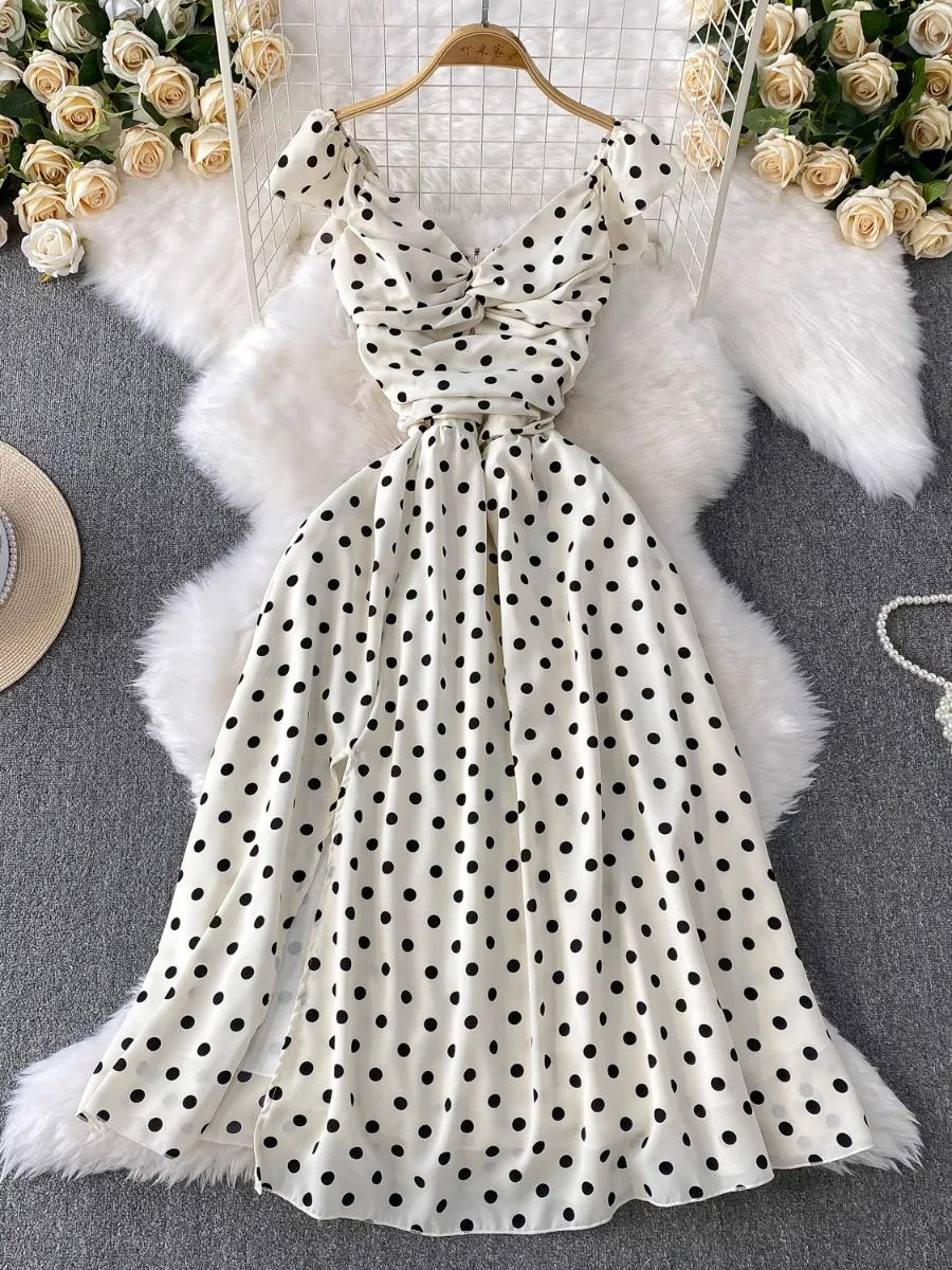 Foamlina French Polka Dot Twist Front V-Neck Dress Women's 2025 Summer New  Sexy Pleated Slim Fit White Holiday Dress - AliExpress 200000345